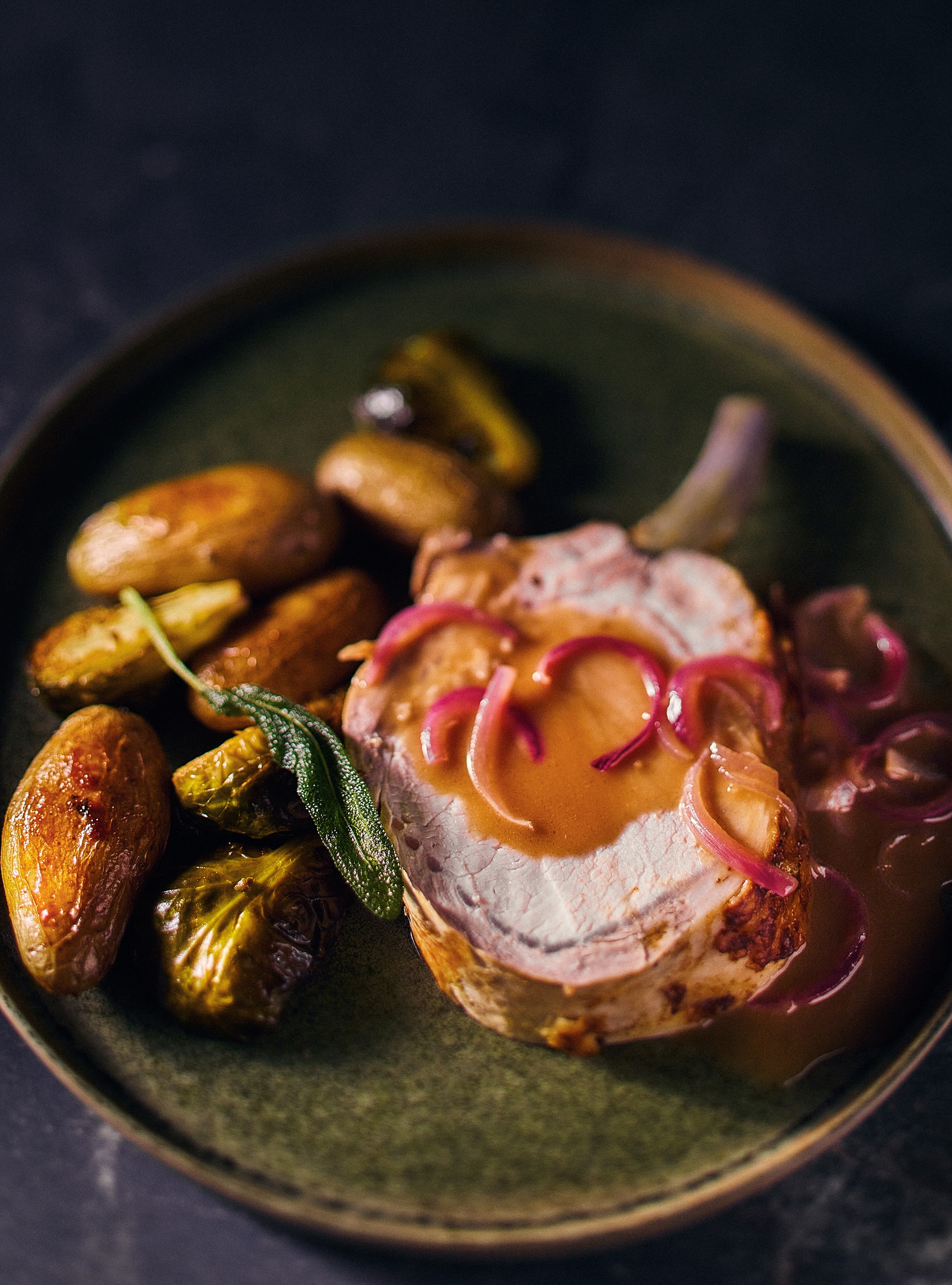 Roasted Pork Loin with Sage and Sweet-Sour Red Onion Sauce