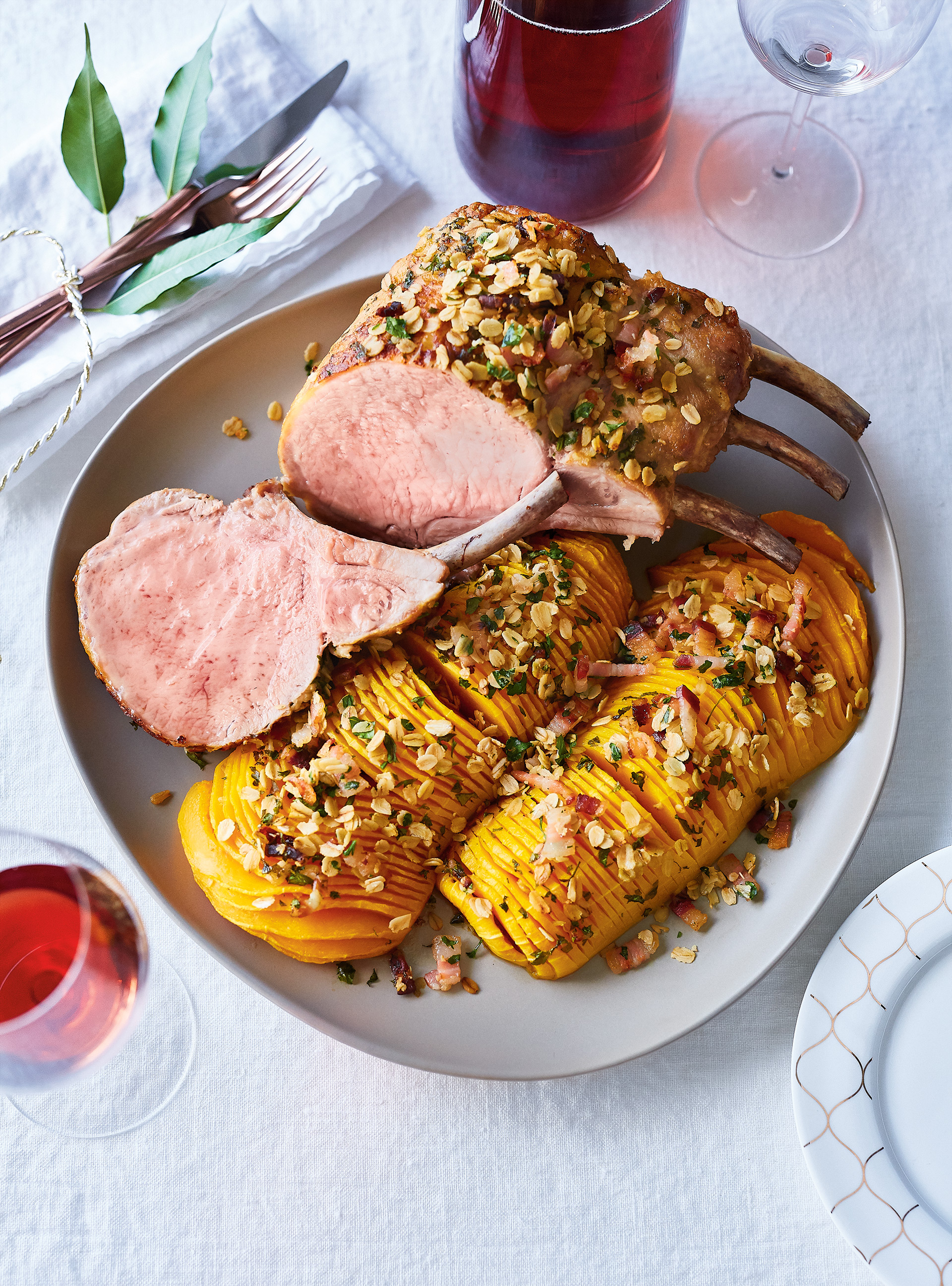 Rack of Pork with Roasted Squash and Cranberry-Mushroom Sauce
