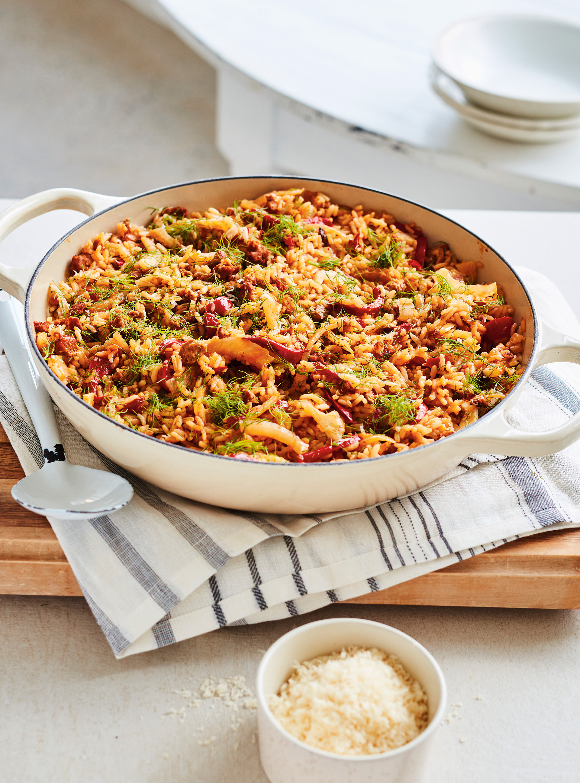 One-Pot Rice with Sausages, Fennel and Peppers