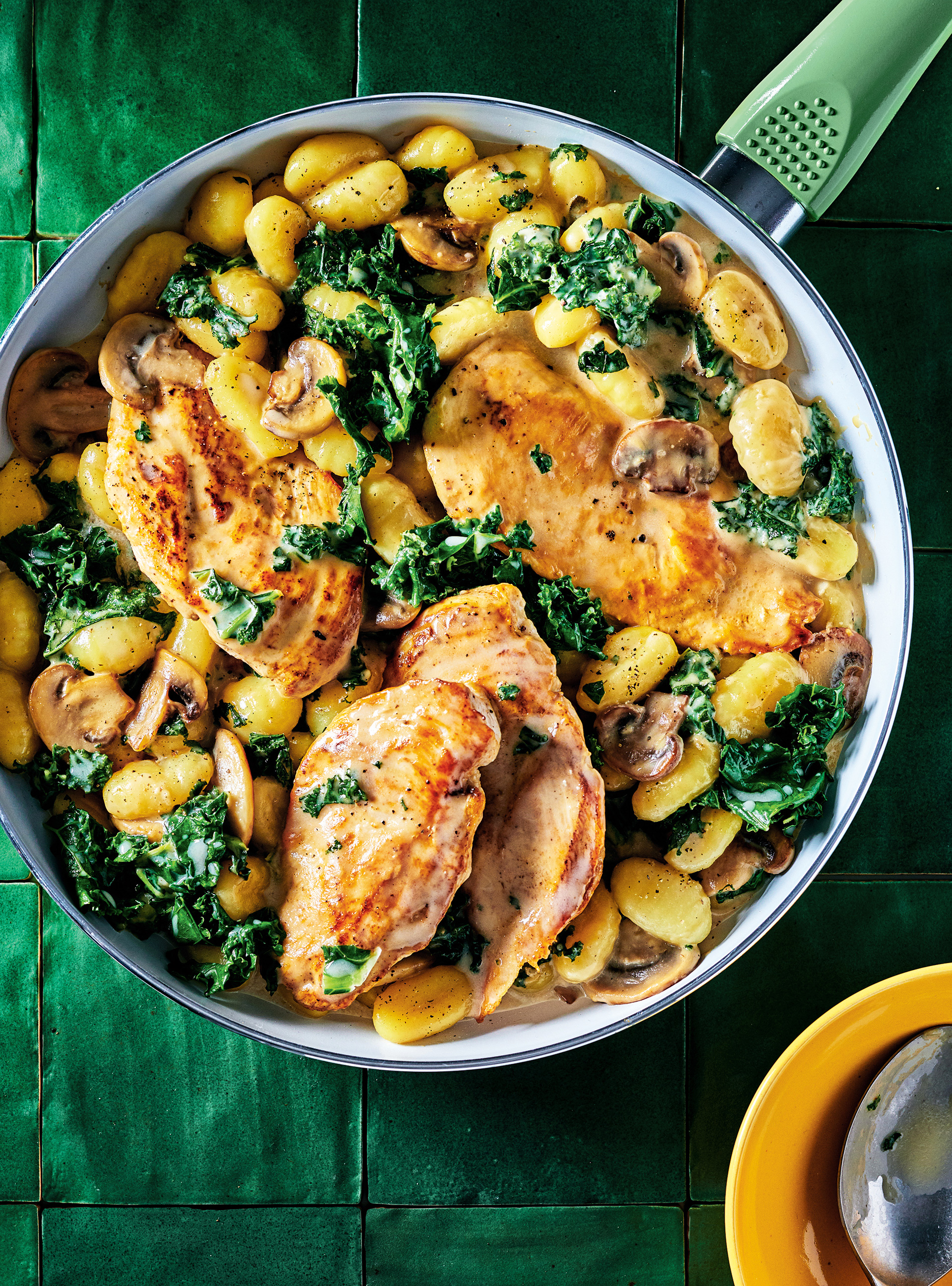 Chicken Cutlets, Gnocchi and Kale with Creamy Mushroom Sauce