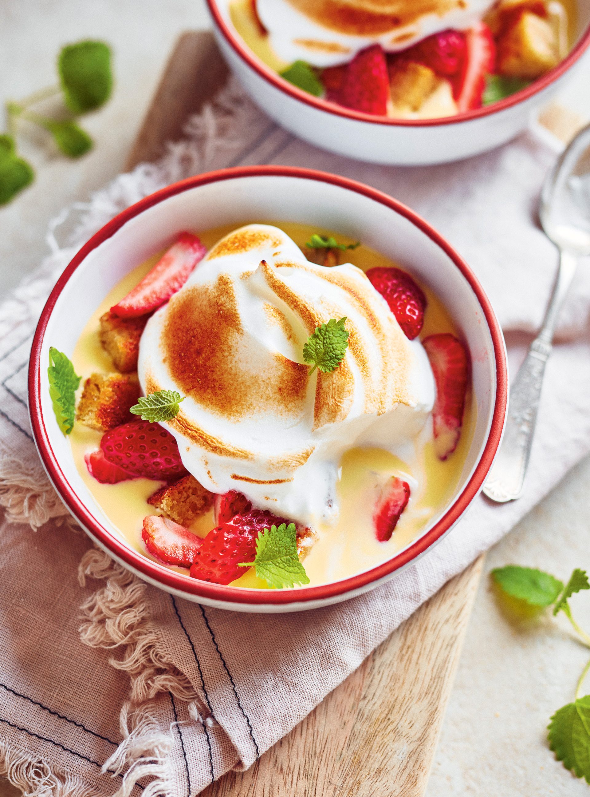 Floating Islands with Strawberries, Croutons and Lemon Balm