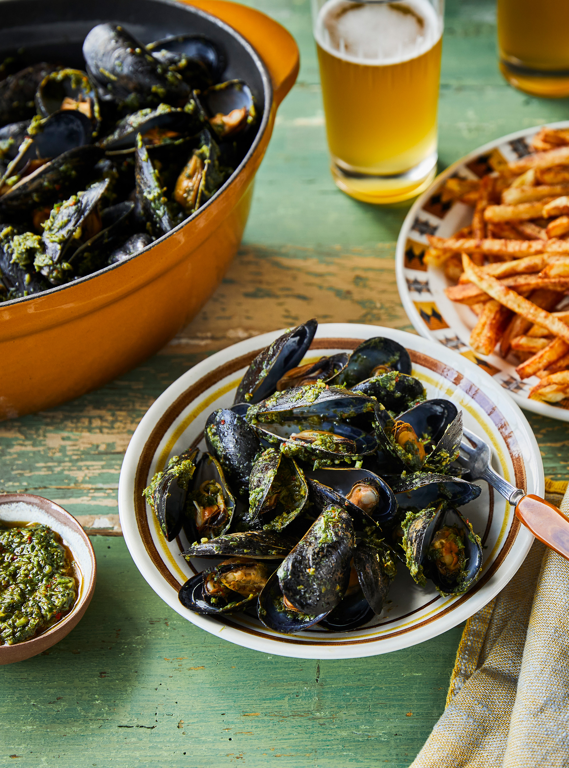 Beer Steamed Mussels with Chermoula Sauce