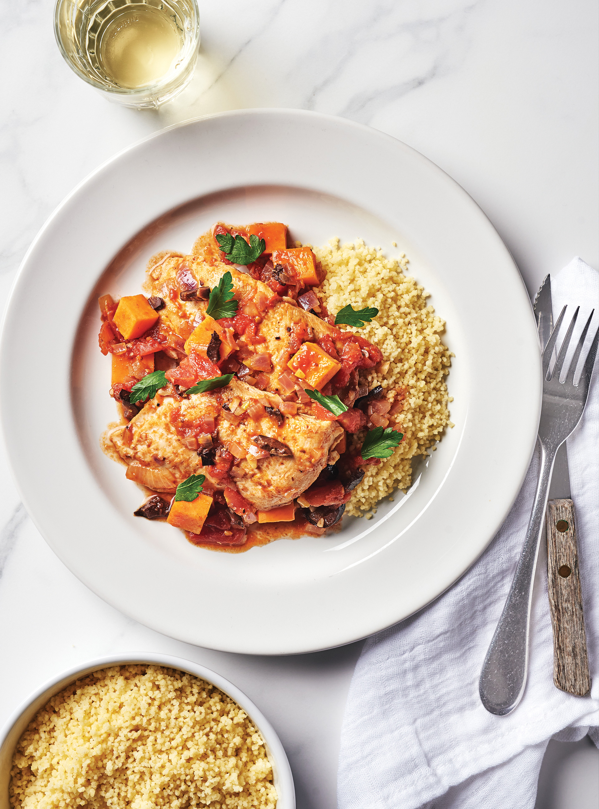 One-Pot Chicken Cutlets with Sweet Potato and Olives